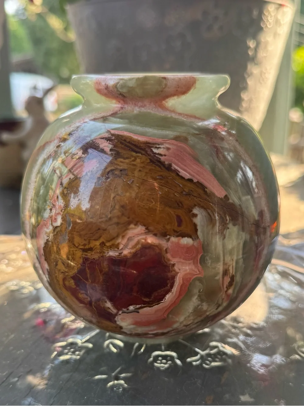 Vintage Polychrome Onyx Stone Vase in Pink, Brown & Green